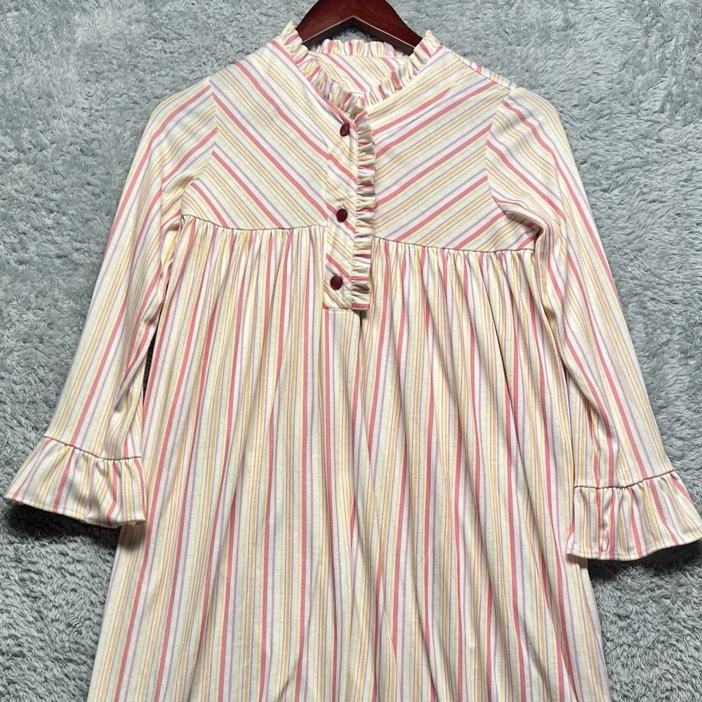 American Girl Nightgown Girls Medium Pink Striped Ruffles Placket Bodice Retired